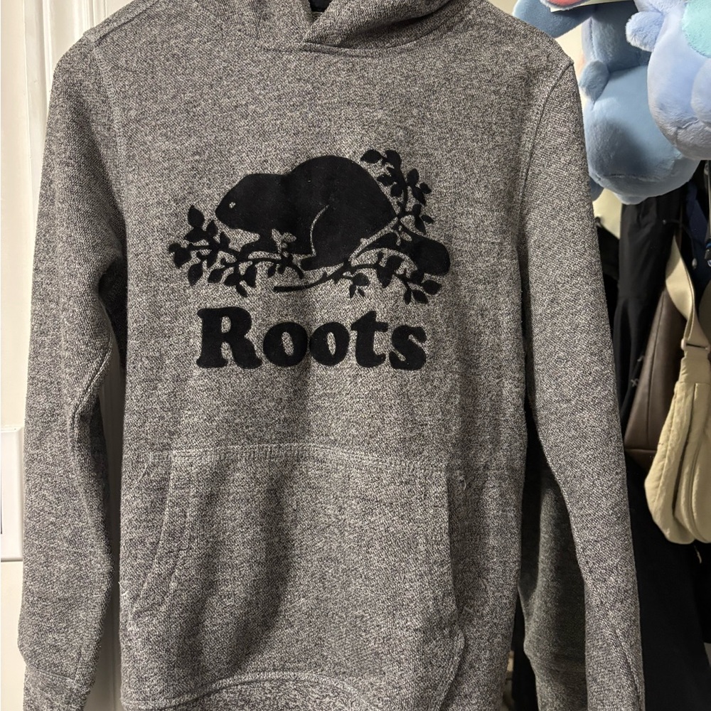 Kids Roots Heather Gray Hoodie with Black Graphic